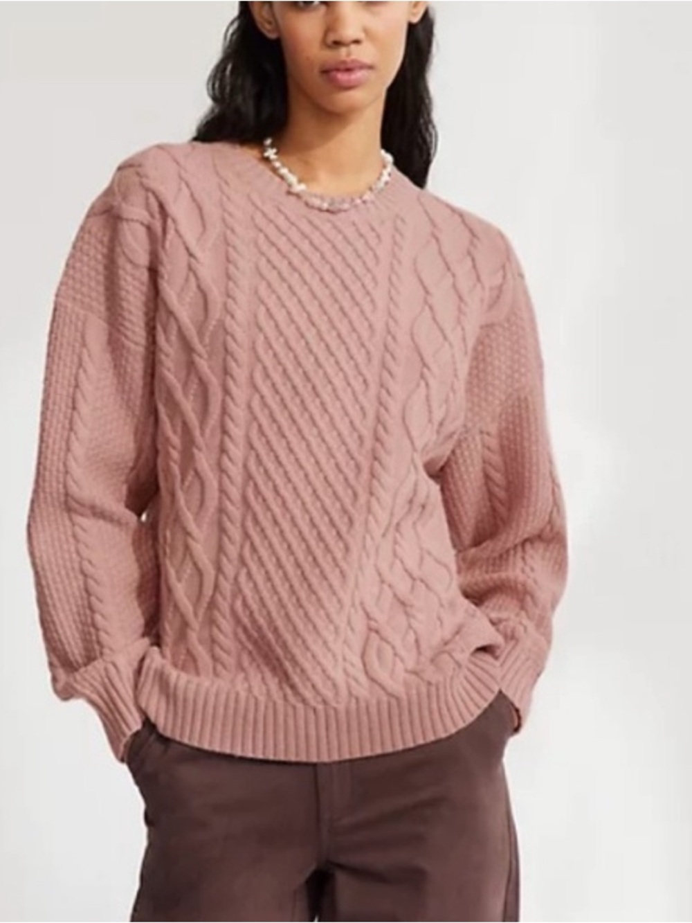 Sunday Best Cable-Knit Crewneck Sweater in Dusty Pink